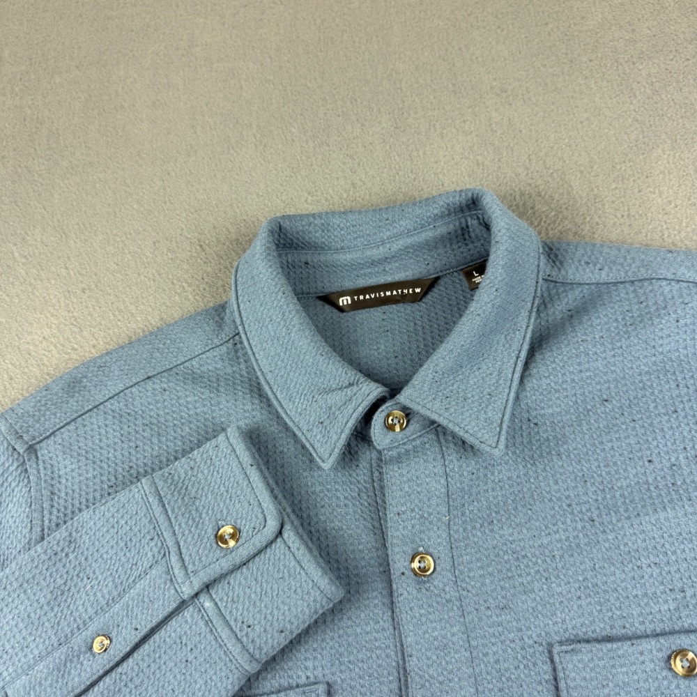 Travis Mathew Cloud Shirt Mens L Blue Waffle Knit Long Sleeve Button Up Textured
